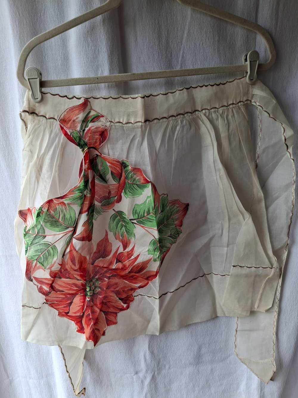 Sheer Cream Vintage Half Apron with Red Floral Print